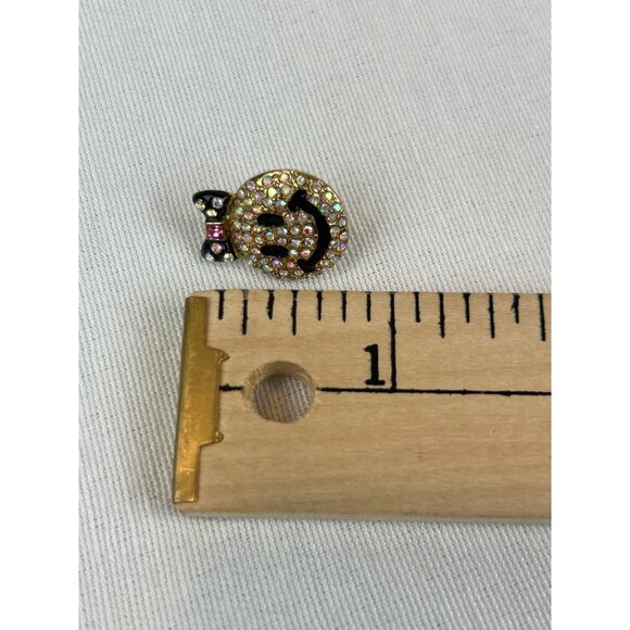 Smiley Face Rhinestone Stud Earrings Black Hair Bow Gold Tone - Picture 7 of 7